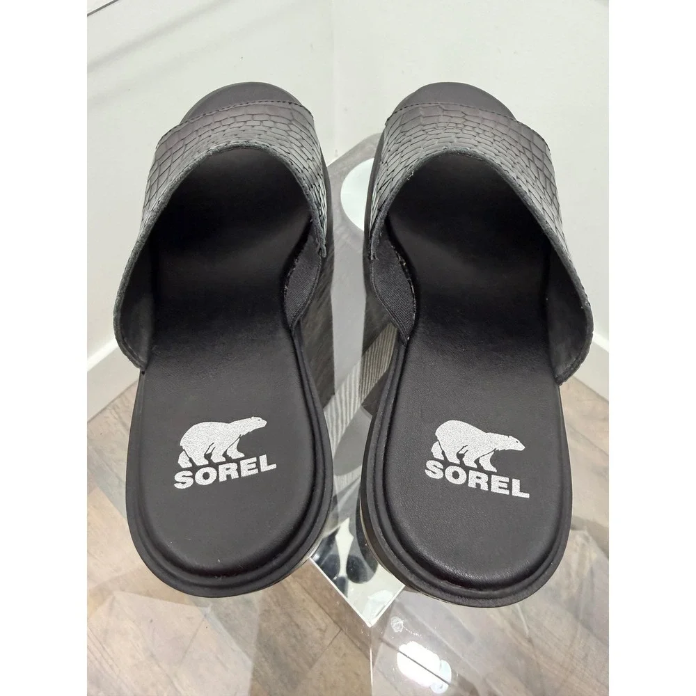 Sorel Brex Slide Sandal Black Croc Embossed Leather Platform Heel NL5085-010 7.5
